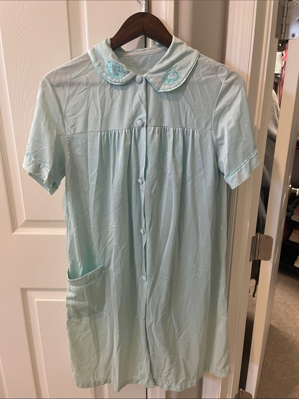 Light Blue Vintage Button-Front Nightgown with Peter Pan Collar